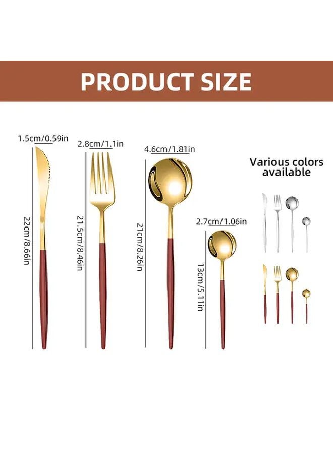 Golden Red Handle Cutlery 4 Piece Set Stainless Steel Knife Fork Spoon - Image 2